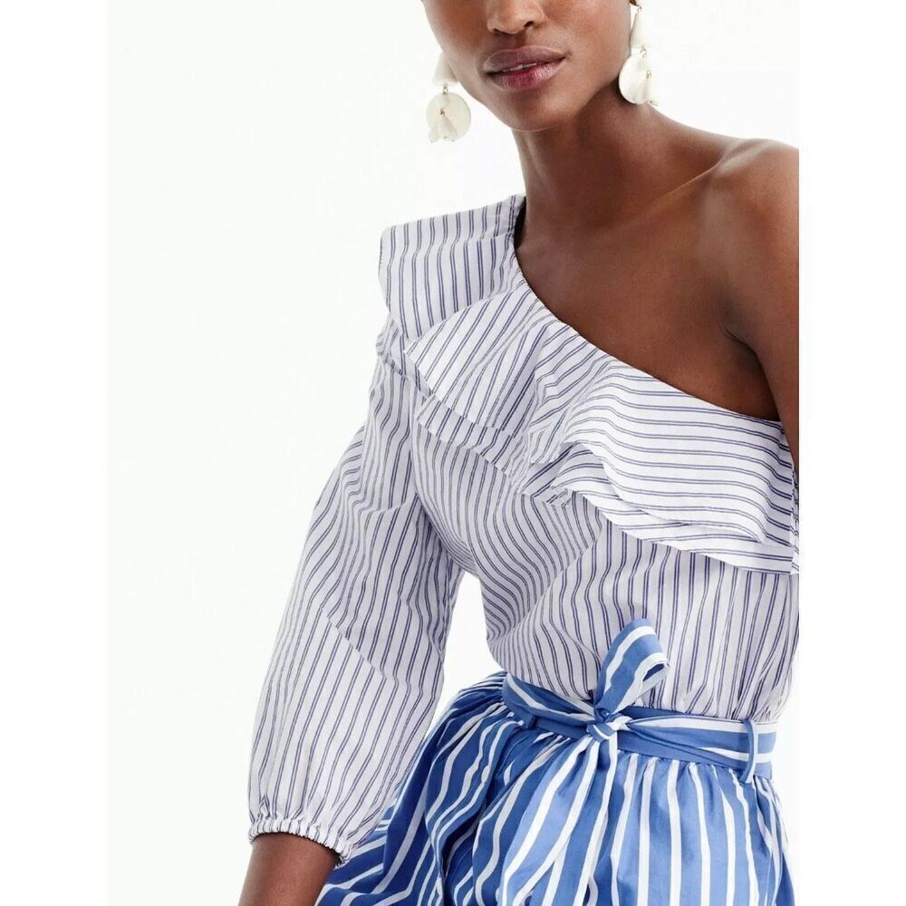 J. Crew Blue & White Striped One-shoulder Ruffled Blouse